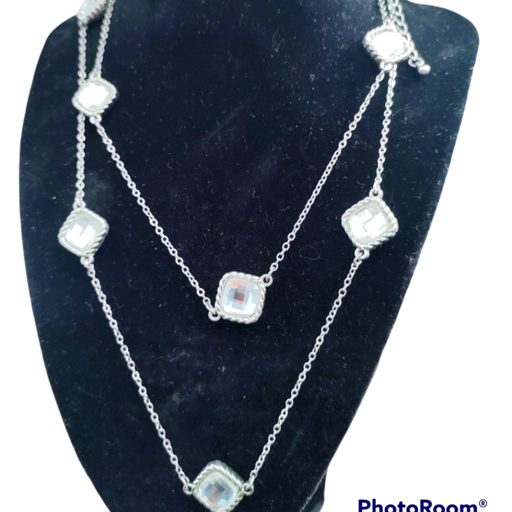 Silver tone square gemstone necklace.